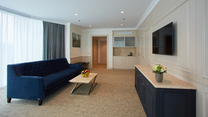 A modern livingroom inside a new flat with TV.