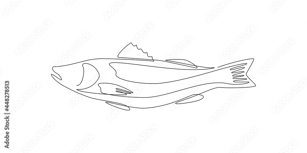 Poster Salmon fish in one continuous line drawing. Wild trout in linear sketch style on white background. Vector illustration