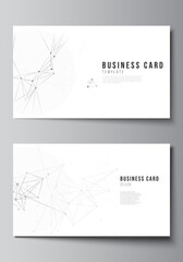 Vector layout of two creative business cards design templates, horizontal template vector design. Gray technology background with connecting lines and dots. Network concept.