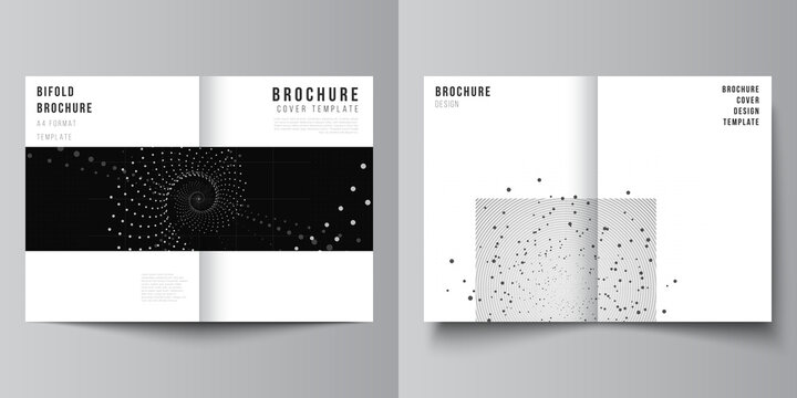 Vector layout of two A4 cover mockups templates for bifold brochure, flyer, cover design, book design. Abstract technology black color science background. Digital data. Minimalist high tech concept.