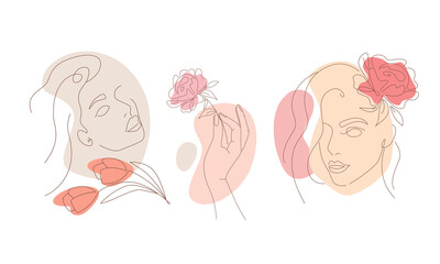 set of abstract linear illustrations of young girls faces. hand holding a flower