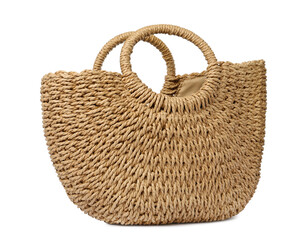 Stylish straw beach bag isolated on white. Summer accessory