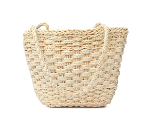 Obraz premium Stylish straw beach bag isolated on white. Summer accessory