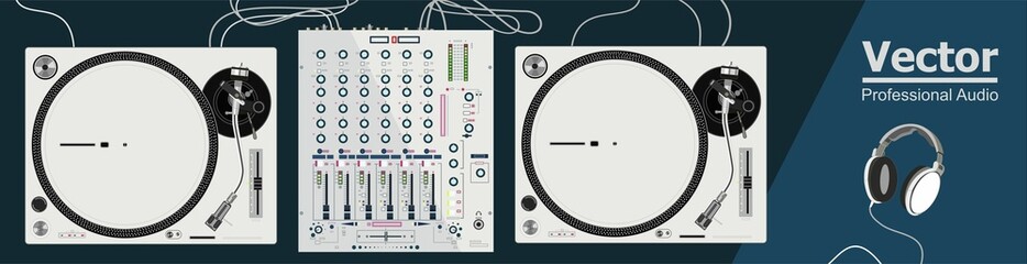 White vinyl DJ table. Realistic vector illustration. Two turntables, one mixing console. Night club, after party, festival. Aesthetic DJ equipment. Mixing studio. For postcard, poster, t-shirts, bags.