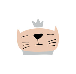Cute hand drawn Cat face with crown. Character Vector Design. Scandinavian illustration isolated on a white background. Design element of t-shirt, home textiles, wrapping paper, children textiles