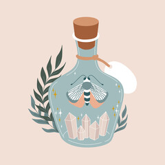 Magic blue bottle with butterfly, crystaks, leaves. Vintage potion. Witchcraft art. Flat vector illustration in pastel colors. 