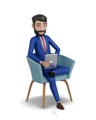 3d character. Businessman sitting on chair working on tablet 
