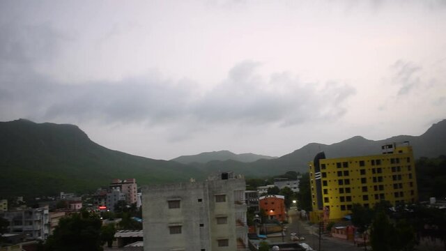 View of Girnar mountain range with Bhavnath temple during morning at Junagadh, Gujarat, India