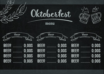Oktoberfest 2021 - Beer Festival. Hand-drawn Doodle Elements. German Traditional holiday. Octoberfest, Craft Beer. Blue-white rhombus. Chalkboard Horizontal Beer menu.