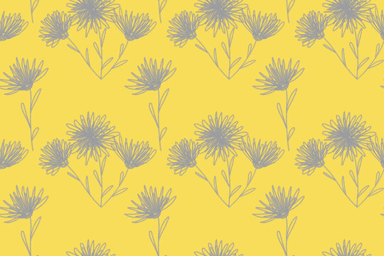 Gray abstract flowers on a thread on a yellow background color hand drawing seamless pattern for clothing print, wallpaper, design.