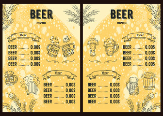 Fototapeta na wymiar Oktoberfest 2021 - Beer Festival. Hand-drawn Doodle Elements. German Traditional holiday. Octoberfest, Craft Beer. Blue-white rhombus. Vertical Beer Menu. 