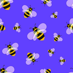Vector Seamless Patter, Colorful Bees on Purple Background, Colorful Background, Honey.
