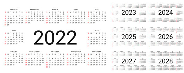 2022 calendar. Week starts Sunday. Simple template of pocket or wall calenders. Desk calendar layout. Yearly Stationery organizer with 12 months. Vector illustration. Landscape orientation.