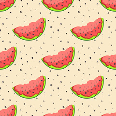 Seamless summer background with slices of red watermelon on a pastel pink background. Prints on trendy fabrics, modern textiles, posters, throw pillows, interior design. Vector.