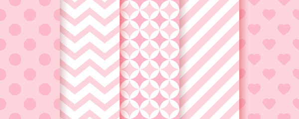 Baby girl seamless pattern. Pink backgrounds. Pastel geometric prints. Vector. Set of kids textures. Cute childish backdrop with zigzag, polka dot, stripes and hearts. Modern illustration.