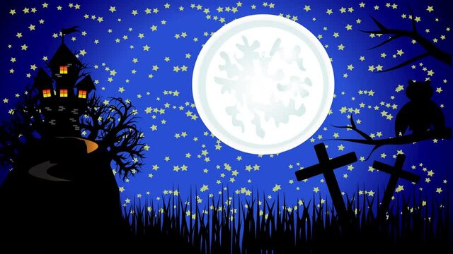 Halloween Spooky Dark Background - Witch Flying over the moon and haunted house with ghosts