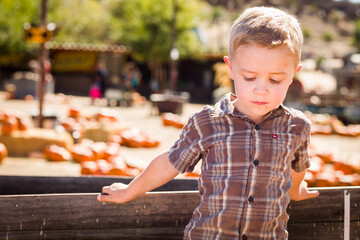 Adorable Little Boy Standing Against Old Wood Wagon at Pumpkin Patch in Rural Setting..