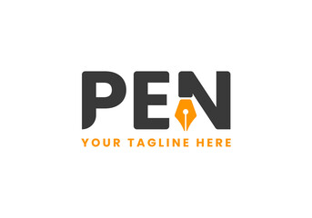 Obraz premium Pen logotype. Typography logo design with pen shape. Creative negative space logo. Flat and minimal logo design.