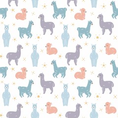 Seamless Pattern. Alpaca llama sleep, standing and jumping. Star in the sky. Cute cartoon kawaii funny smiling baby character. Wrapping paper, textile template. Nursery decoration White background Fla