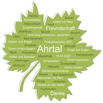 Ahrtal Text Wolke auf Weinblatt &uuml;ber Flutkatastrophe Ahr Hochwasser 2021 mit Ortsnamen