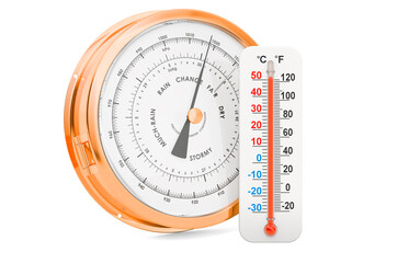 Weather forecasting concept. Barometer with thermometer, 3D rendering