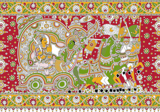 Kalahasthi Kalamkari Design Textile Lord Krishna Arjun On Chariot In Mahabharat