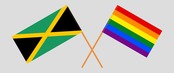 Crossed flags of Jamaica and LGBTQ. Official colors. Correct proportion