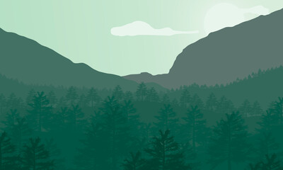 A bitmap image of the forest, nature, mountains, and sky in green tones. A beautiful illustration with pine trees, high mountains is suitable for backgrounds, postcards, prints, posters and banners.