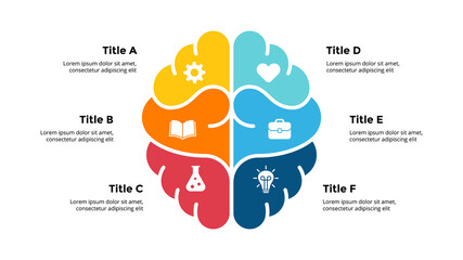 Human brain Infographic. Generating new ideas. From startup to business. Educational medical concept. Scientific research. 6 options banner chart. . Vector slide template. Creative illustration. 