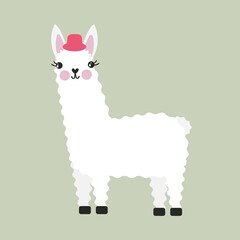 Cute llama character with hat isolated vector illustration. Funny animal.