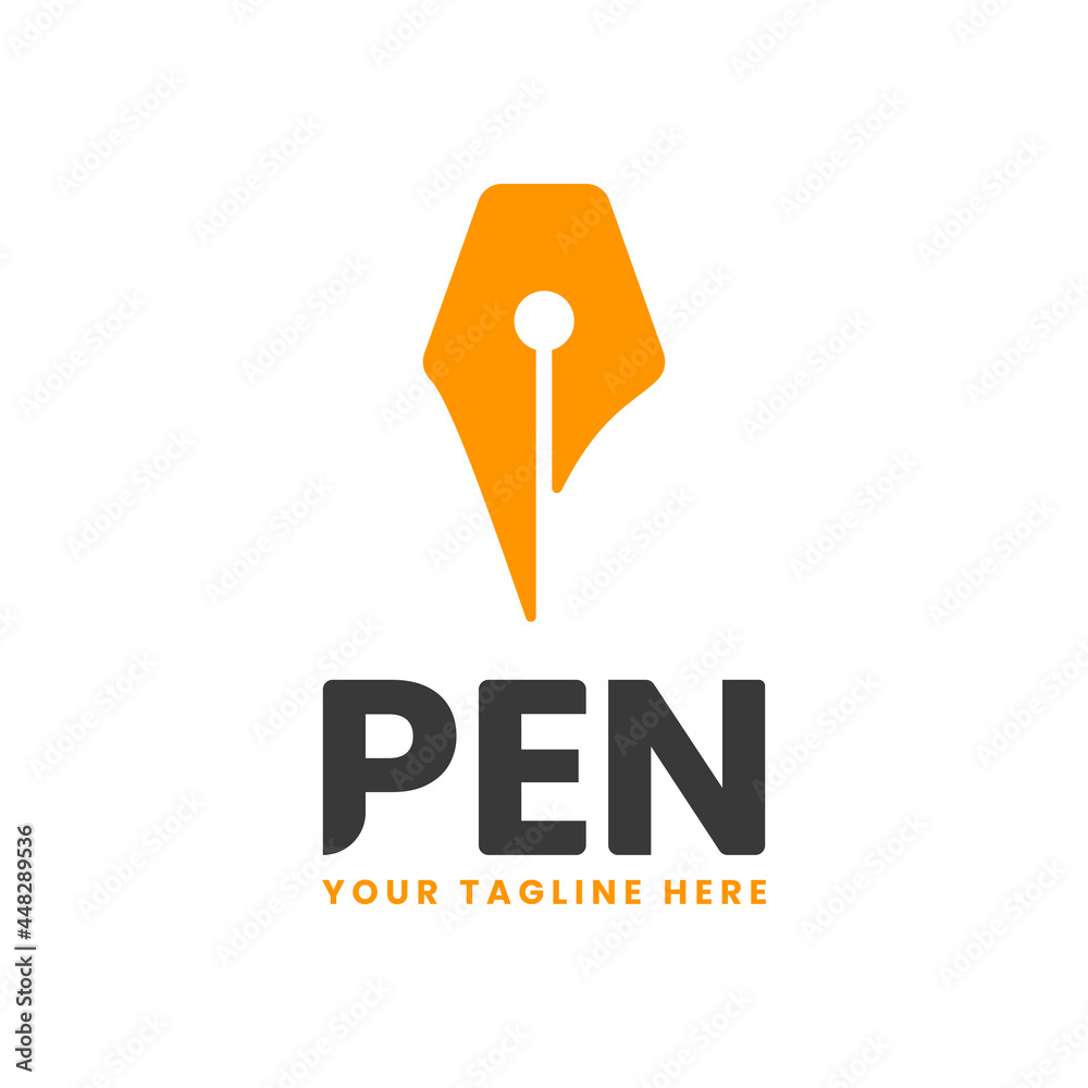Poster pen logo emblem with orange. simple logo design with pen shape. creative negative space logo. flat a