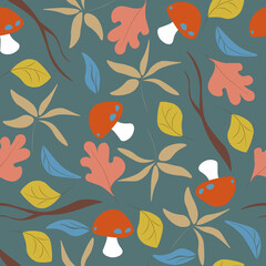Fototapeta na wymiar Woodland seamless pattern with leaves, branches and mushrooms on orange background. Autumn vector illustration.