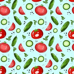 Seamless pattern with cucumbers and tomatoes. The illustration is drawn with live lines by hand in the doodle style. Design for clothing fabric and other items.