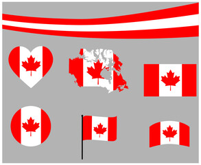 Canada Flag Map Ribbon And Heart Icons Vector Illustration Abstract National Emblem Design Elements collection