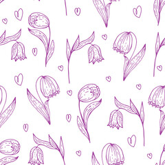 Seamless pattern with doodle flowers on a white background.