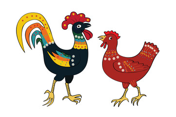 A Black Rooster And A Brown Hen With Colorful Wings And Tails - vector illustration