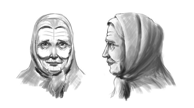 2D Digital Sketch Portrait Of An Old Woman On White Background. Drawing Without Real Model.