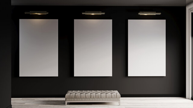 Triptych of paintings in galleries or museums. Three large illuminated picture frames. Layout for creativity - black wall. 3D rendering