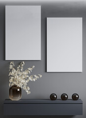 Two picture frames on a gray graphite wall. Sideboard with minimalistic decor in Scandinavian style. Modern view of paintings and dried flowers. 3d rendering