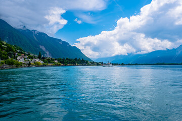 View of Lake Geneva with mountains - Veytaux, Switzerland