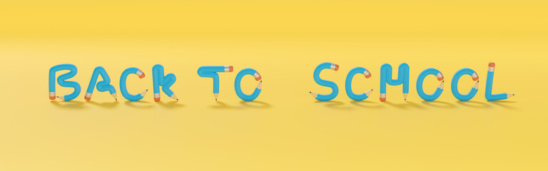 Text "back to school" with pencils isolated on yellow background. 3d illustration.