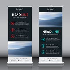 Naklejka premium Roll up banner futuristic design collection with black white colorful background and image. Editable vertical template 2 vector set, modern standee and flag banner