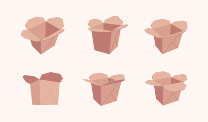 Cardboard box for asian noodle wok from different angles vector set illustration