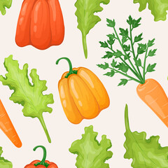 Vector pattern with fresh vegetables. Natural healthy bell peppers, lettuce and carrots with tops. Vegetarian raw food.