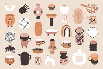 Modern pottery. Collection of various contemporary ceramic vases, bowl, interior decoration in scandinavian style, artisan aesthetic decor, clay minimalist tableware, coffee mug, vector illustration
