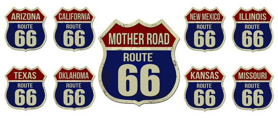 Set of Route 66 american highway vintage rusty metal signs on white background, vector illustration - obrazy, fototapety, plakaty