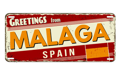 Greetings from Malaga vintage rusty metal plate on a white background, vector illustration