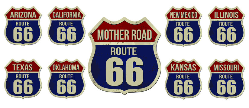 Set of Route 66 american highway vintage rusty metal signs on white background, vector illustration