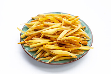 Sliced finger root in plate on white background.