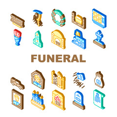 Funeral Dead Ceremony Collection Icons Set Vector. Urn And Grave, Car And Coffin, Flowers And Wreath, Candles In Church Funeral Ceremonial Equipment Isometric Sign Color Illustrations